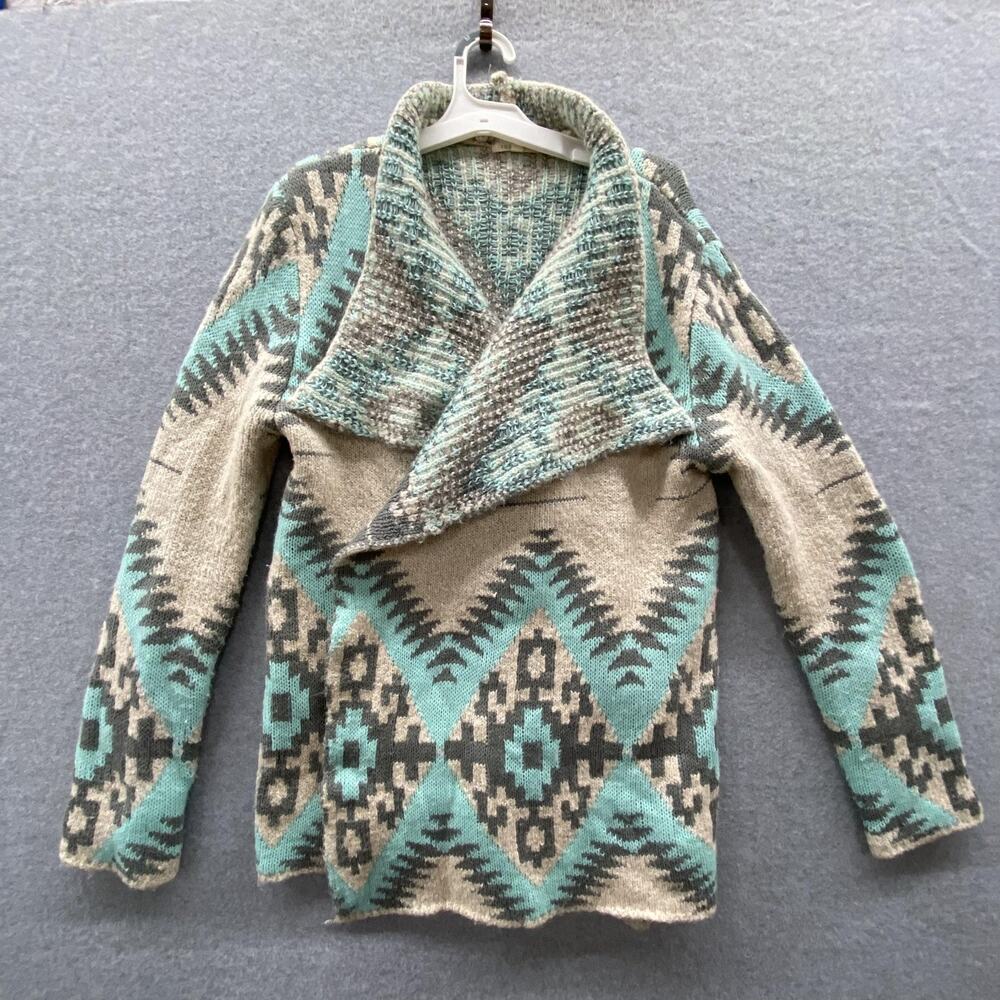 Vestique Sweater Womens Medium Teal Aztec Shawl Collar Open Front Wool Mohair